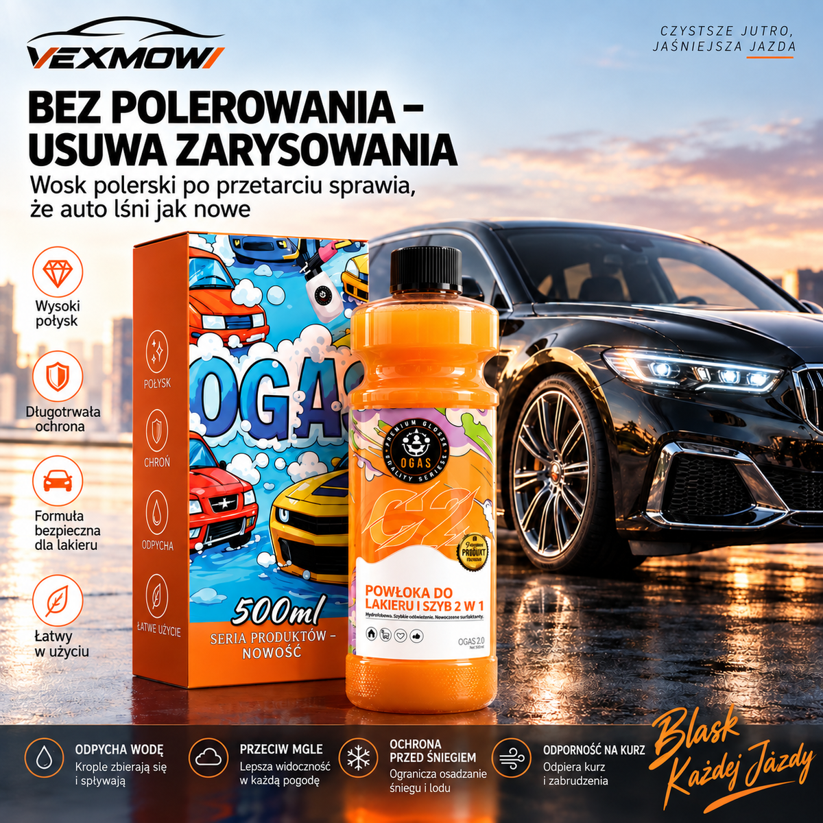 Powłoka Hydrofobowa 2w1 do Lakieru i Szyb Samochodowych 500 ml – Wysoki Połysk