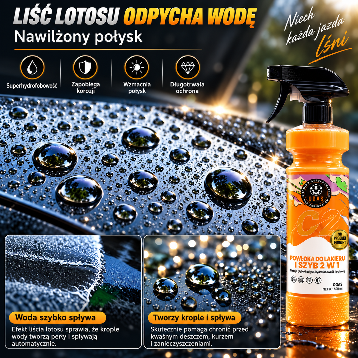 Powłoka Hydrofobowa 2w1 do Lakieru i Szyb Samochodowych 500 ml – Wysoki Połysk