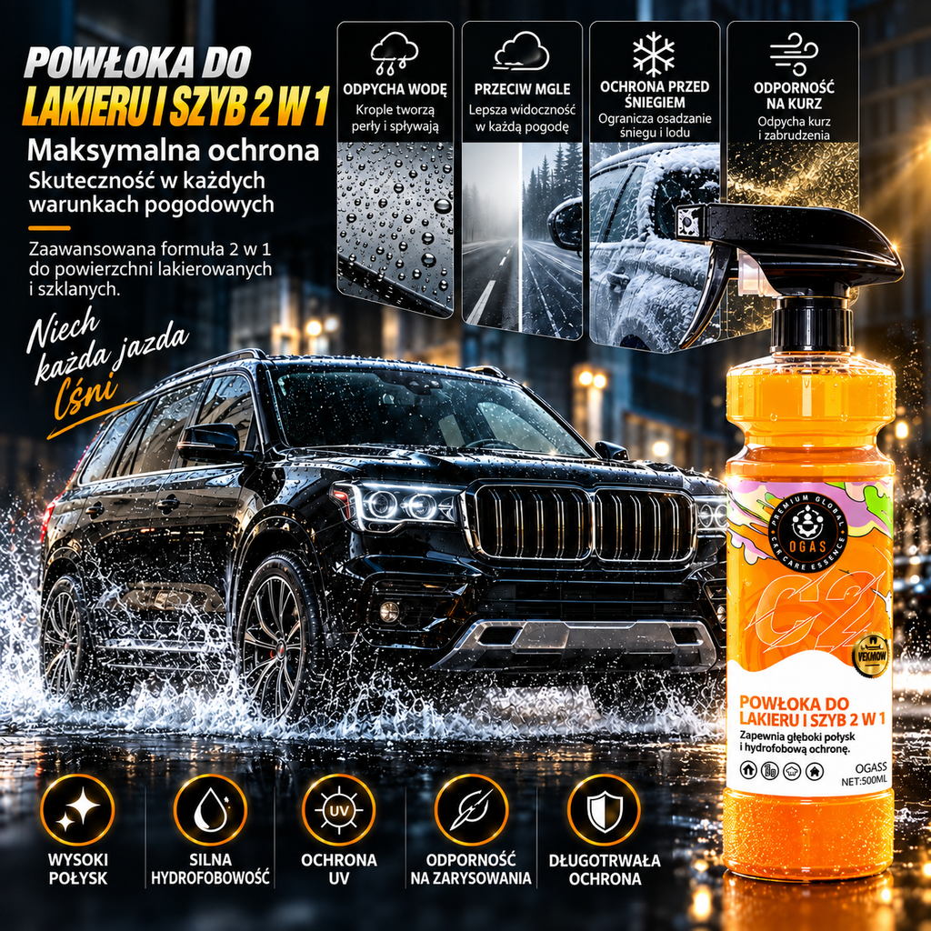 Powłoka Hydrofobowa 2w1 do Lakieru i Szyb Samochodowych 500 ml – Wysoki Połysk