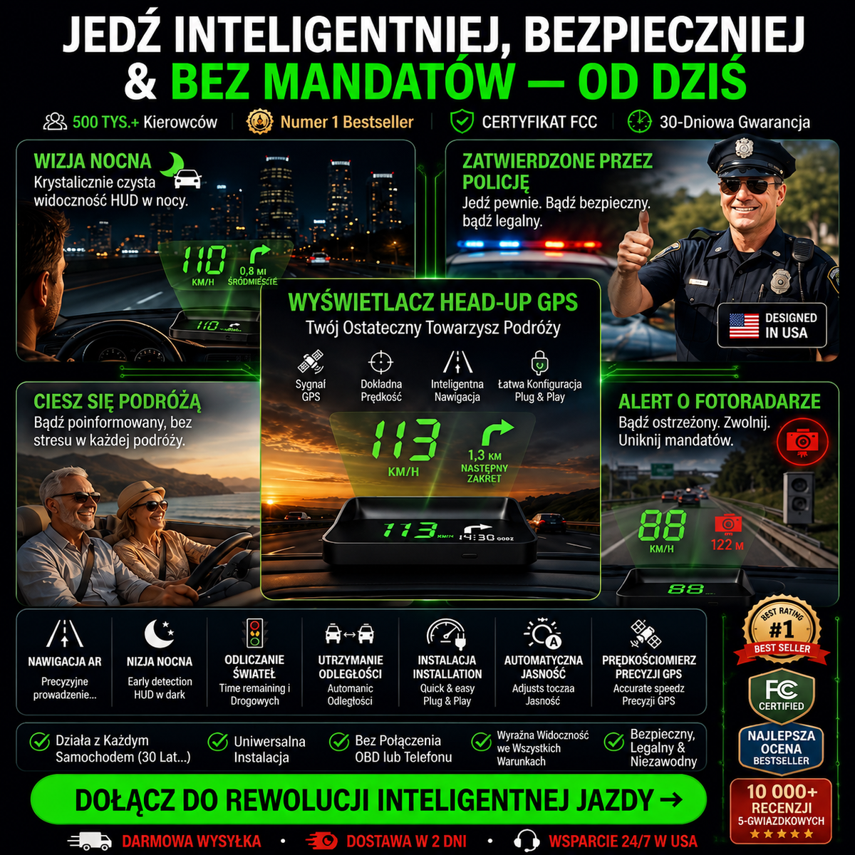Wyświetlacz HUD GPS do Samochodu z Nawigacją AR